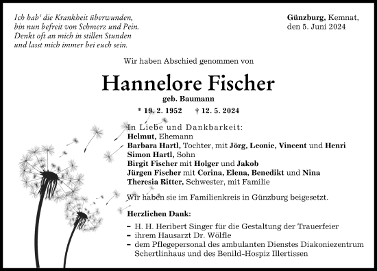 Traueranzeige von Hannelore Fischer von Günzburger Zeitung