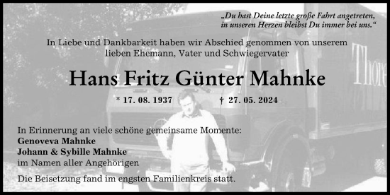 Traueranzeige von Hans Fritz Günter Mahnke von Friedberger Allgemeine