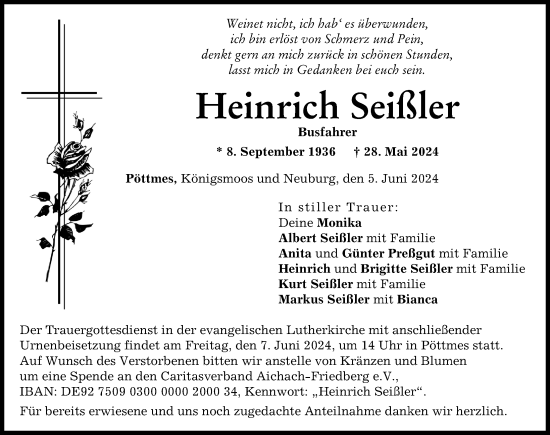 Traueranzeige von Heinrich Seißler von Aichacher Nachrichten, Neuburger Rundschau