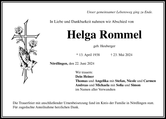 Traueranzeige von Helga Rommel von Rieser Nachrichten