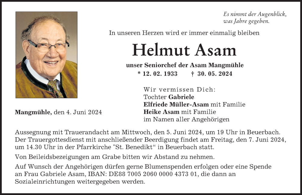  Traueranzeige für Helmut Asam vom 04.06.2024 aus Landsberger Tagblatt