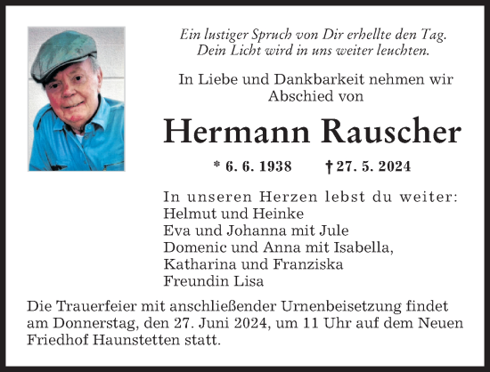 Traueranzeige von Hermann Rauscher von Augsburger Allgemeine
