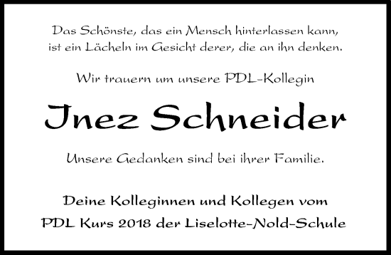 Traueranzeige von Inez Schneider von Rieser Nachrichten