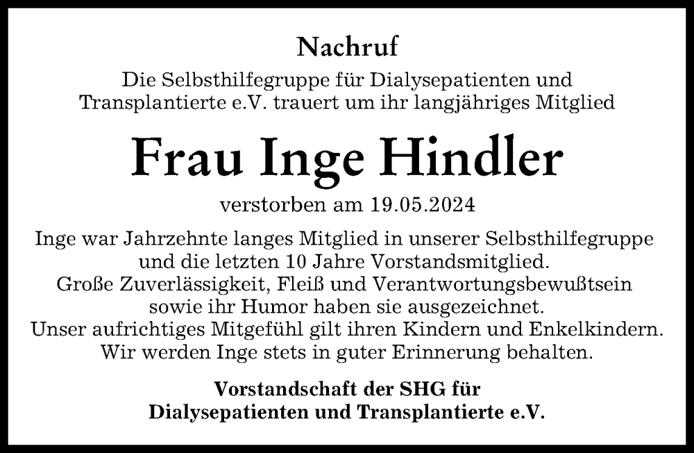  Traueranzeige für Inge Hindler vom 07.06.2024 aus Günzburger Zeitung