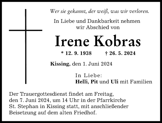 Traueranzeige von Irene Kobras von Friedberger Allgemeine