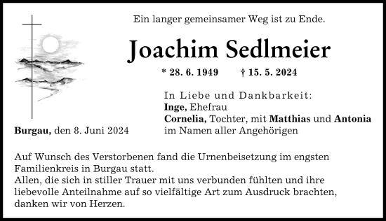 Traueranzeige von Joachim Sedlmeier von Günzburger Zeitung