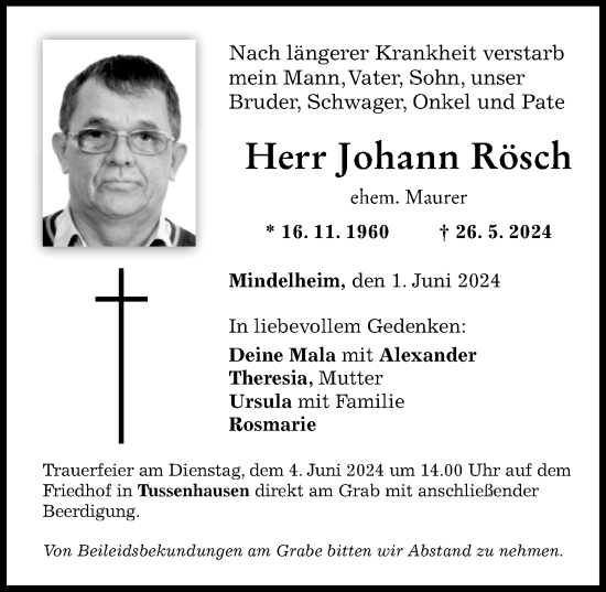 Traueranzeige von Johann Rösch von Mindelheimer Zeitung