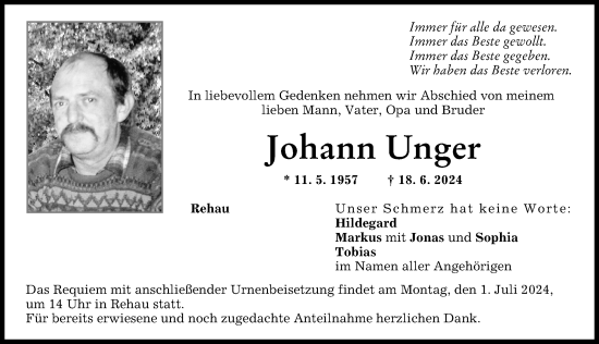 Traueranzeige von Johann Unger von Donau Zeitung