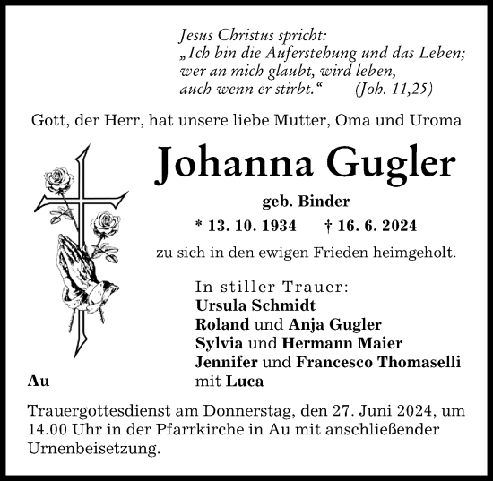 Traueranzeige von Johanna Gugler von Illertisser Zeitung