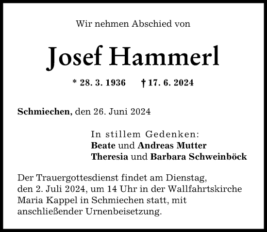 Traueranzeige von Josef Hammerl von Friedberger Allgemeine