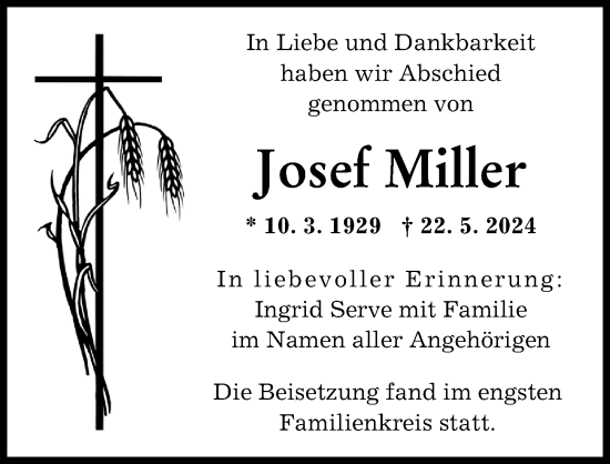 Traueranzeige von Josef Miller von Schwabmünchner Allgemeine