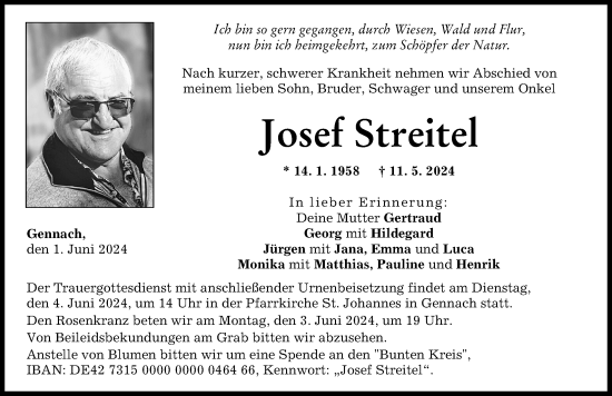 Traueranzeige von Josef Streitel von Schwabmünchner Allgemeine