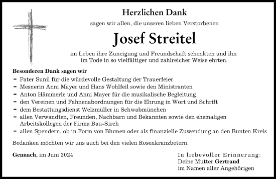 Traueranzeige von Josef Streitel von Schwabmünchner Allgemeine