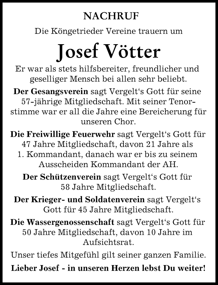  Traueranzeige für Josef Vötter vom 01.06.2024 aus Mindelheimer Zeitung