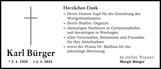 Traueranzeige von Karl Bürger von Wertinger Zeitung