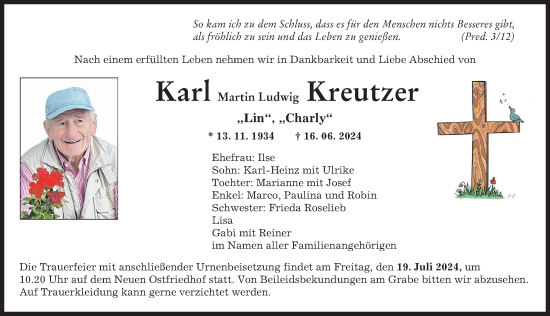 Traueranzeige von Karl Martin Ludwig Kreutzer von Augsburger Allgemeine