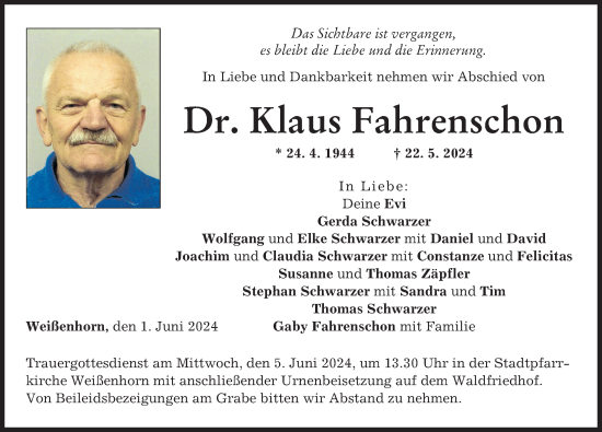 Traueranzeige von Klaus Fahrenschon von Neu-Ulmer Zeitung