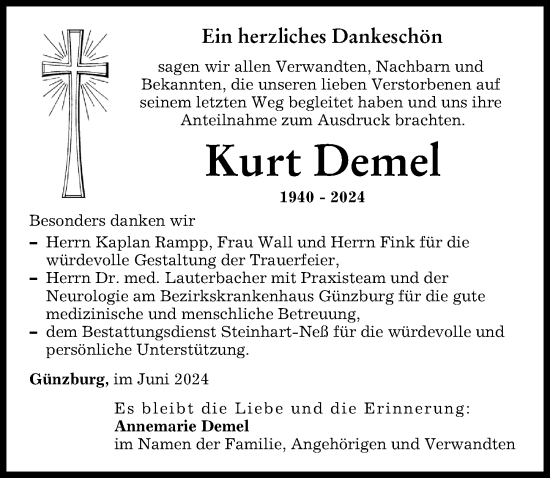 Traueranzeige von Kurt Demel von Günzburger Zeitung