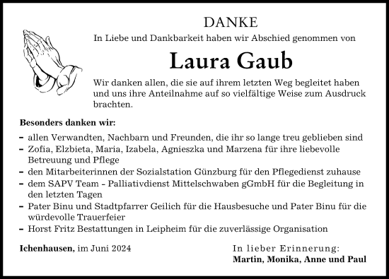 Traueranzeige von Laura Gaub von Günzburger Zeitung