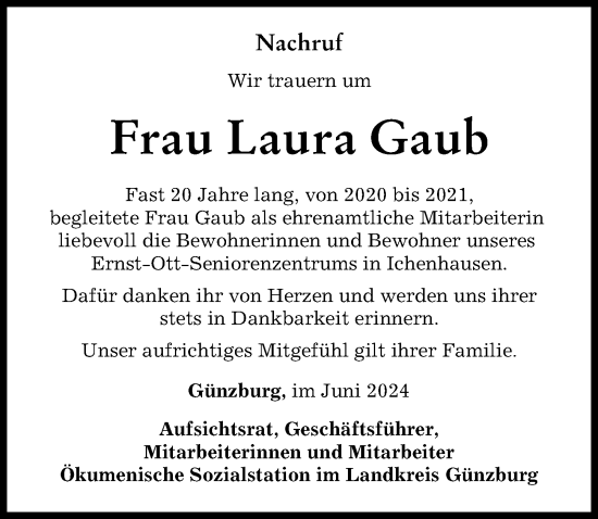 Traueranzeige von Laura Gaub von Günzburger Zeitung