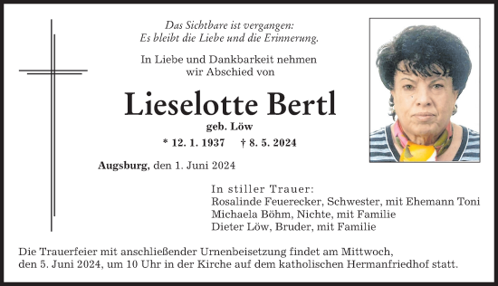 Traueranzeige von Lieselotte Bertl von Augsburger Allgemeine