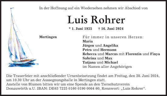 Traueranzeige von Luis Rohrer von Donauwörther Zeitung