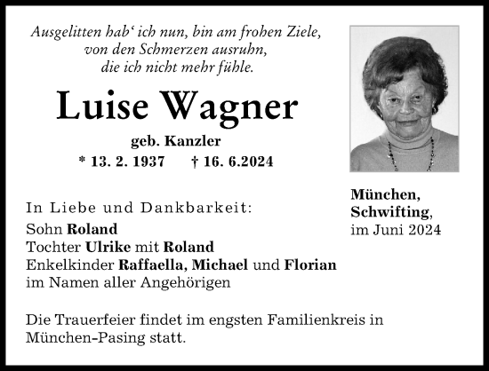 Traueranzeige von Luise Wagner von Landsberger Tagblatt