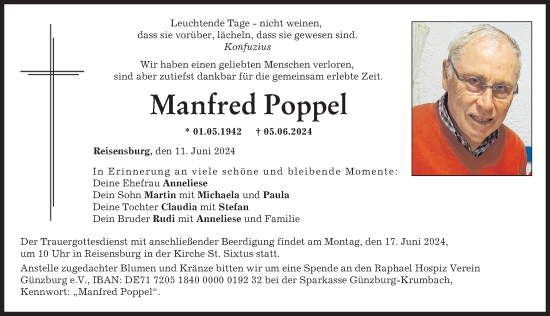 Traueranzeige von Manfred Poppel von Günzburger Zeitung