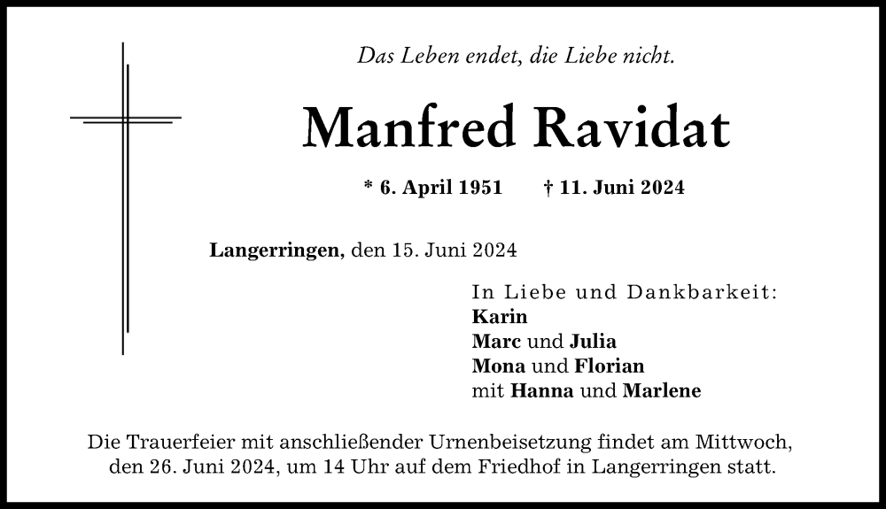  Traueranzeige für Manfred Ravidat vom 15.06.2024 aus Schwabmünchner Allgemeine