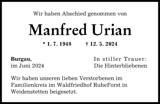 Traueranzeige von Manfred Urian von Günzburger Zeitung
