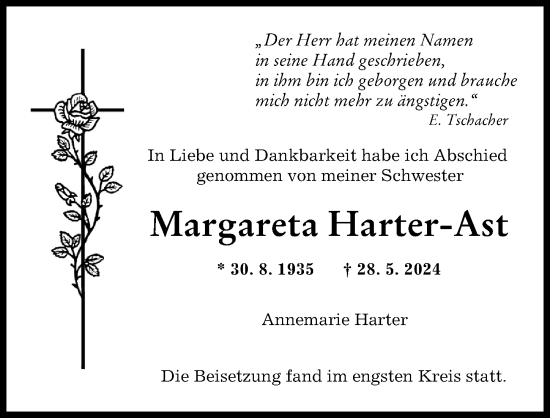Traueranzeige von Margareta Harter-Ast von Augsburger Allgemeine