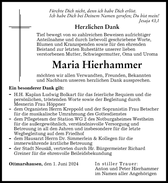 Traueranzeige von Maria Hierhammer von Augsburger Allgemeine