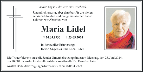 Traueranzeige von Maria Lidel von Mittelschwäbische Nachrichten