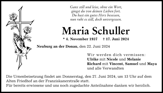 Traueranzeige von Maria Schuller von Neuburger Rundschau