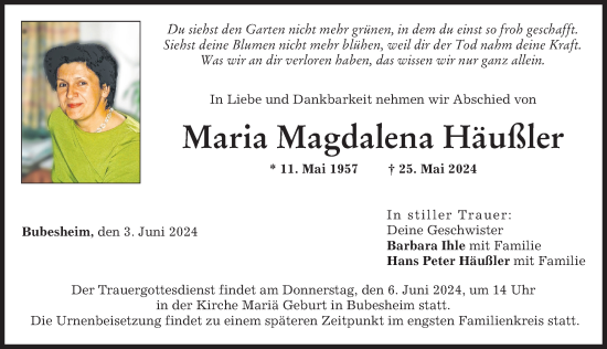 Traueranzeige von Maria Magdalena Häußler von Günzburger Zeitung