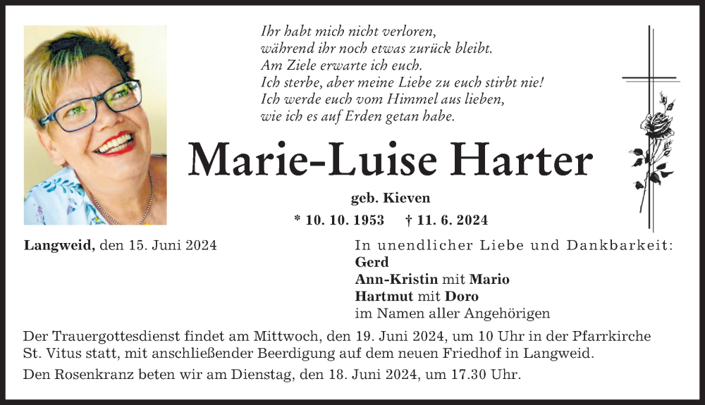  Traueranzeige für Marie-Luise Harter vom 15.06.2024 aus Augsburg-Land