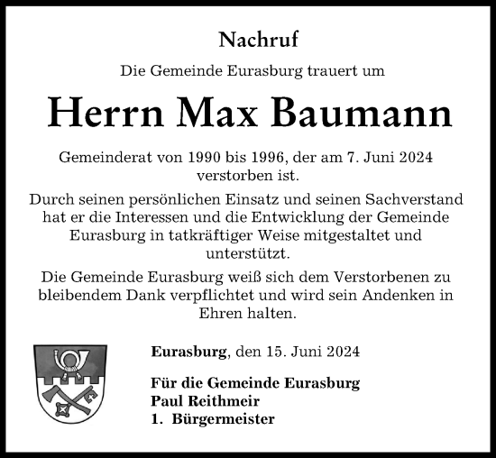 Traueranzeige von Max Baumann von Friedberger Allgemeine