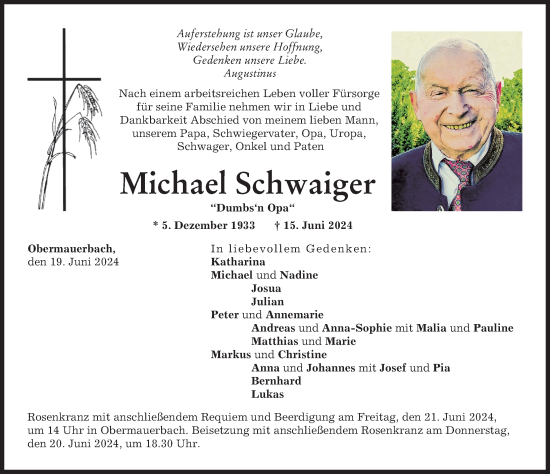 Traueranzeige von Michael Schwaiger von Aichacher Nachrichten