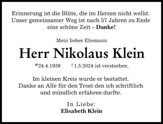 Traueranzeige von Nikolaus Klein von Augsburger Allgemeine