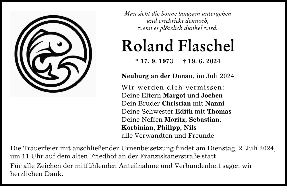  Traueranzeige für Roland Flaschel vom 29.06.2024 aus Neuburger Rundschau