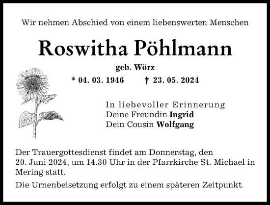 Traueranzeige von Roswitha Pöhlmann von Friedberger Allgemeine