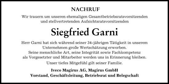 Traueranzeige von Siegfried Garni von Illertisser Zeitung, Günzburger Zeitung, Neu-Ulmer Zeitung