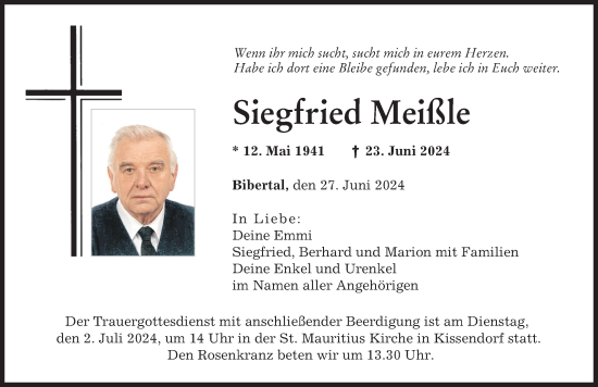 Traueranzeige von Siegfried Meißle von Günzburger Zeitung