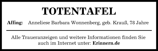 Traueranzeige von Totentafel vom 12.06.2024 von Aichacher Nachrichten