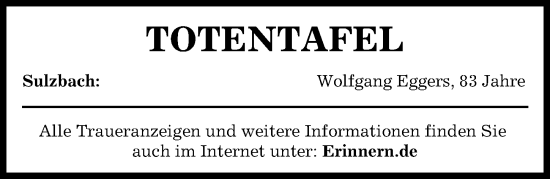 Traueranzeige von Totentafel vom 15.06.2024 von Aichacher Nachrichten