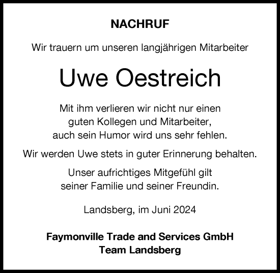 Traueranzeige von Uwe Oestreich von Landsberger Tagblatt