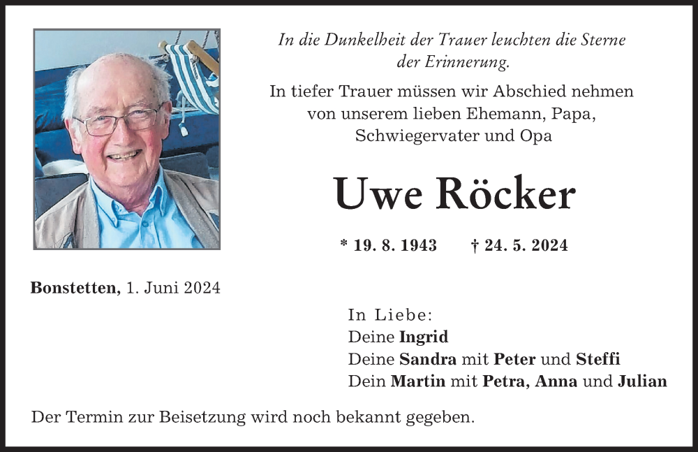  Traueranzeige für Uwe Röcker vom 01.06.2024 aus Augsburg-Land
