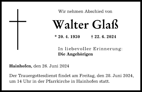 Traueranzeigen von Walter Glaß Allgäuer Zeitung