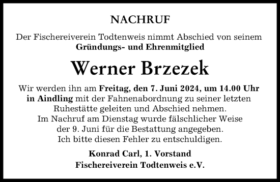 Traueranzeige von Werner Brzezek von Aichacher Nachrichten