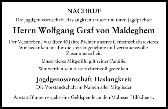 Traueranzeige von Wolfgang  Graf von Maldeghem von Aichacher Nachrichten